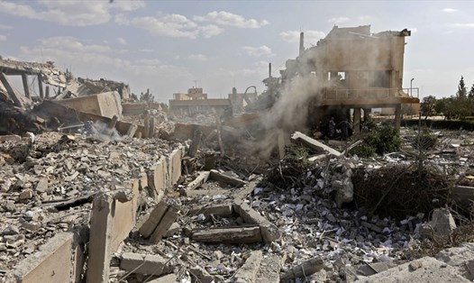 Toàn cảnh thiệt hại của Trung tâm Nghiên cứu Khoa học Syria sau cuộc tấn công của Mỹ, Anh và Pháp tại Barzeh, gần thủ đô Damascus, ngày 14.4.2018.
