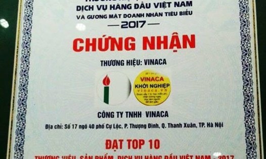 Vinaca từng nhận giải thưởng top 10 thương hiệu hàng đầu Việt Nam.
