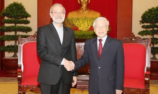 Tổng Bí thư Nguyễn Phú Trọng và Chủ tịch Quốc hội Iran. Ảnh: TTXVN. 