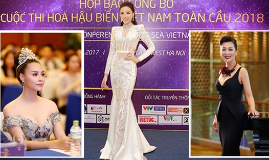 Hoa hậu Kỳ Duyên và MC Nguyễn Cao Kỳ Duyên trong buổi họp báo ra mắt cuộc thi Hoa hậu biển Việt Nam toàn cầu tại Hà Nội. 