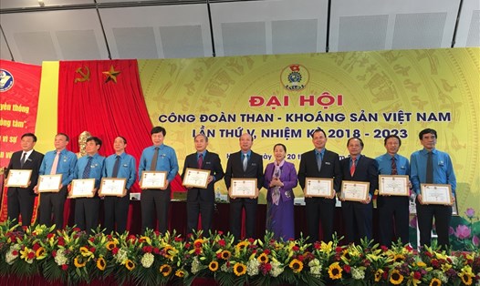 Phó Chủ tịch Nguyễn Thị Thu Hồng đã trao Kỷ niệm chương "Vì sự nghiệp xây dựng tổ chức CĐ” cho các lãnh đạo Tập đoàn TKV. Ảnh: V.L