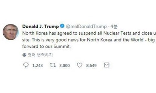 Chia sẻ của ông Donald Trump công bố trên Twitter sau khi Triều Tiên tuyên bố dừng thử hạt nhân và tên lửa. Ảnh: Yonhap. 