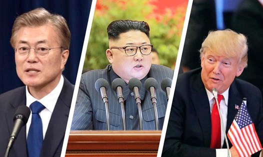 Thế giới đang chờ đợi cuộc gặp thượng đỉnh lịch sử giữa nhà lãnh đạo Kim Jong-un (giữa) với Tổng thống Hàn Quốc Moon Jae-in và Tổng thống Mỹ Donald Trump. Ảnh: ABS-CBN.