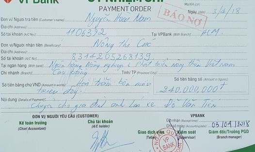 Số tiền 240 triệu đồng đã được chuyển tới tài khoản của vợ anh Tiến. (Ảnh trên trang cá nhân của doanh nhân Nguyễn Hoài Nam).

