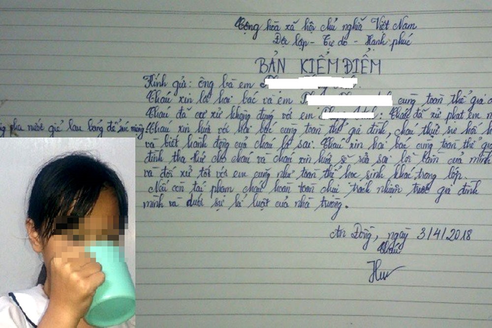 Bản kiểm điểm của cô giáo bắt học sinh "súc miệng" bằng nước giặt giẻ lau bảng. Ảnh: Minh Khang.