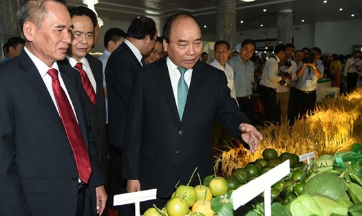 Thủ tướng Nguyễn Xuân Phúc thăm gian trưng bày nông sản tại Hội nghị xúc tiến đầu tư Hậu Giang tháng 9.2017.