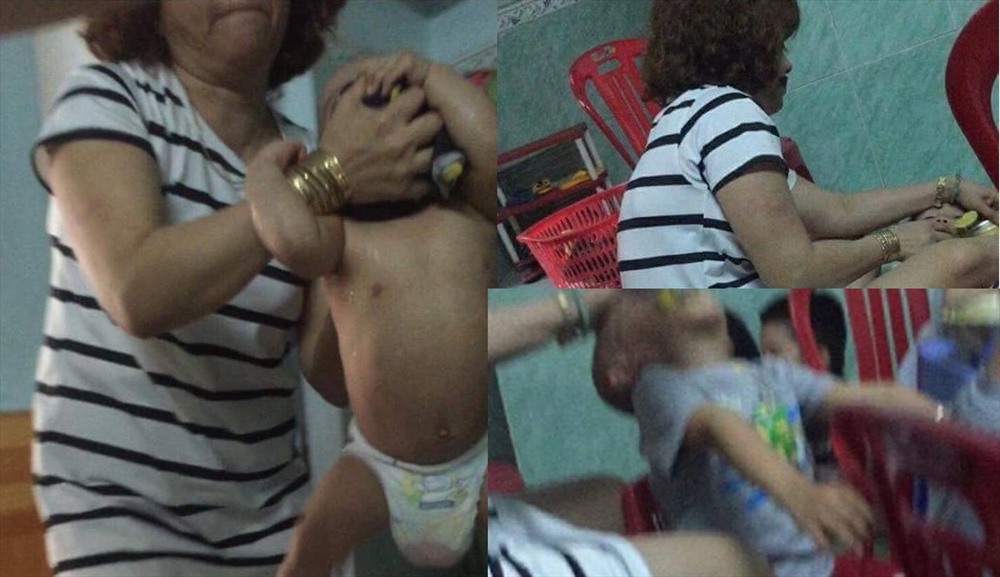 Bảo mẫu đè ngửa trẻ ra để cho ăn.