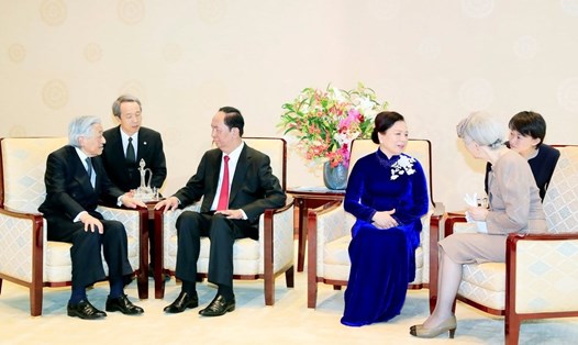 Chủ tịch Nước Trần Đại Quang và Phu nhân hội kiến Nhà vua Akihito và Hoàng hậu. Ảnh: TTXVN
