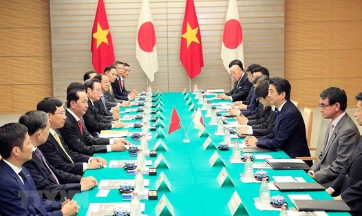 Chủ tịch Nước Trần Đại Quang và Thủ tướng Nhật Bản Shinzo Abe hội đàm ngày 31.5. Ảnh: TTXVN.