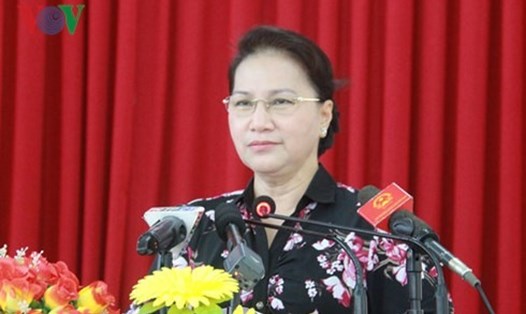 Chủ tịch Quốc hội Nguyễn Thị Kim Ngân tại buổi tiếp xúc cử tri. Ảnh: VOV
