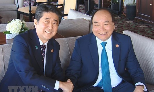 Thủ tướng Nguyễn Xuân Phúc gặp Thủ tướng Nhật Bản Shinzo Abe. Ảnh: TTXVN