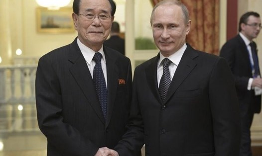 Tổng thống Putin gặp ông Kim Yong-nam trước khai mạc Olympic mùa đông Sochi 2014. Ảnh: Reuters