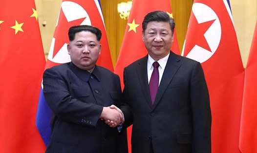 Nhà lãnh đạo Kim Jong-un thăm Trung Quốc, gặp Chủ tịch Tập Cận Bình hồi tháng Ba năm 2018. Ảnh: Xinhua