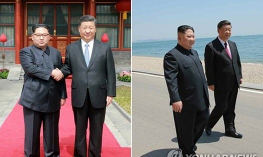 Ông Kim Jong-un và ông Tập Cận Bình trong các cuộc gặp hồi tháng 3 và tháng 5. Ảnh: Yonhap. 