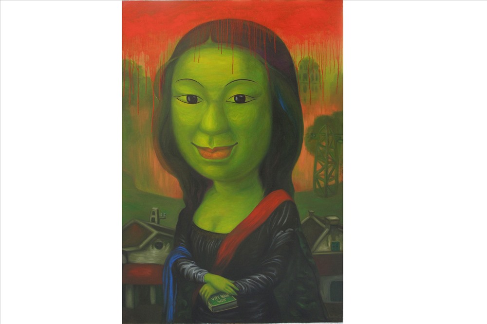 Bức sơn dầu “Monalisa - Viet Nam War” trong bộ “Monalisa” được cách tân từ tượng Rối Việt, kích thước 120 x180cm. Ảnh do họa sĩ cung cấp