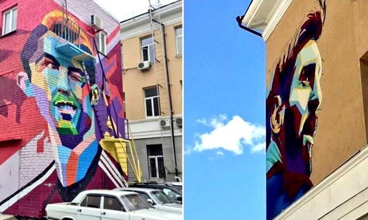 Hai bức hoạ của Messi và Ronaldo tại thành phố Kazan. Ảnh: Dailymail 