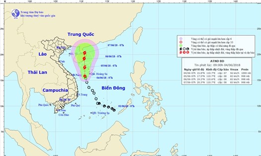 Vị trí và hướng đi của Áp thấp nhiệt đới ngày 4.6.2018. Ảnh: NCHMF