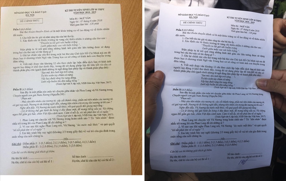 Đề thi Ngữ văn lan truyền trên mạng (trái ảnh) và đề thi  chính thức giống hệt nhau. 