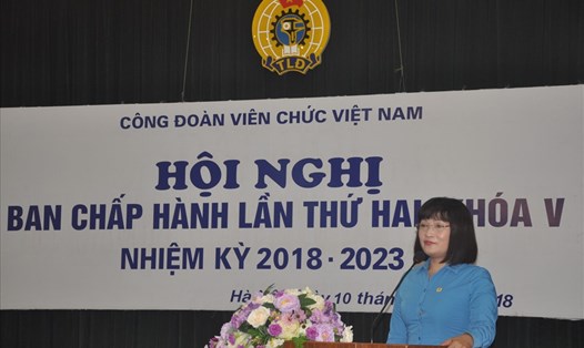 Phó Chủ tịch Thường trực CĐ Viên chức Việt Nam Nguyễn Giang Tuệ Minh tại hội nghị. 