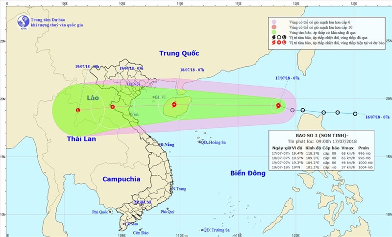 Bão số 3 Sơn Tinh giật cấp 10 trên biển Đông, đang vào đất liền