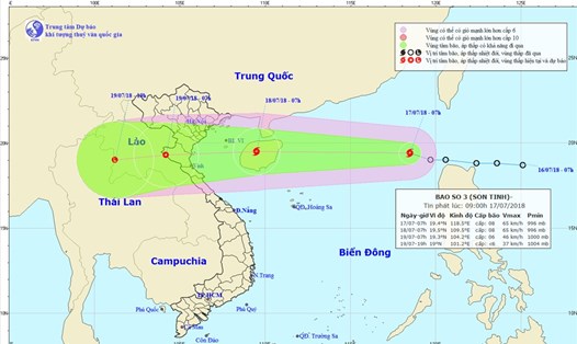 Dự báo trong 24 giờ tới, bão Sơn Tinh di chuyển rất nhanh theo hướng Tây Tây Bắc, mỗi giờ đi được 35km. Ảnh: NCHMF