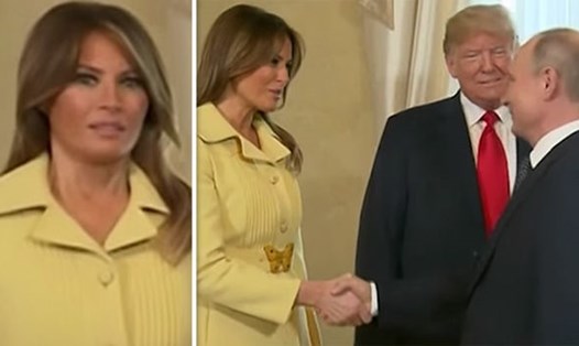 Biểu cảm của bà Melania Trump sau khi bắt tay ông Vladimir Putin. Ảnh: Express. 