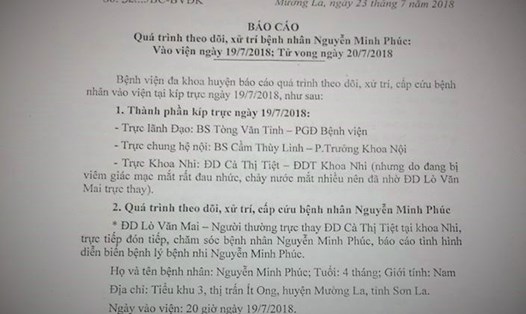 Báo cáo của BVĐK huyện Mường La về vụ việc. Ảnh: PV