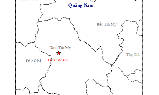 Bản đồ tâm chấn động đất tại huyện Nam Trà My ngày 26.7. Ảnh: Viện Vật lý Địa cầu.