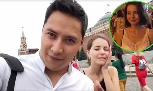 Anh chàng fan ĐT Mexico, Miguel Minoru và cô "vợ tương lai" Cristina người Nga - Ảnh: từ video của Miguel