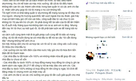 Một status đăng trên mạng xã hội được cho là của ông Lê Minh Tâm - Giám đốc của Sky Mining đang "mất tích" (nguồn ảnh: Vnexpress.net).