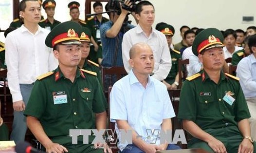 Bị cáo Đinh Ngọc Hệ (giữa, hàng đầu), nguyên Phó Tổng giám đốc Tổng Công ty Thái Sơn (Bộ Quốc phòng) và các bị cáo tại phiên tòa. Ảnh: Văn Điệp/TTXVN