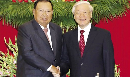 Tổng Bí thư Nguyễn Phú Trọng đón và hội đàm với Tổng Bí thư - Chủ tịch Nước Lào Bounnhang Vorachith. Ảnh: TTXVN
