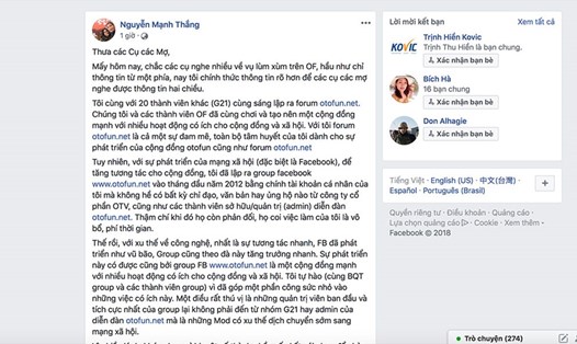Ông Nguyễn Mạnh Thắng lên tiếng về những lùm xùm quanh group Facebook Otofun. 
