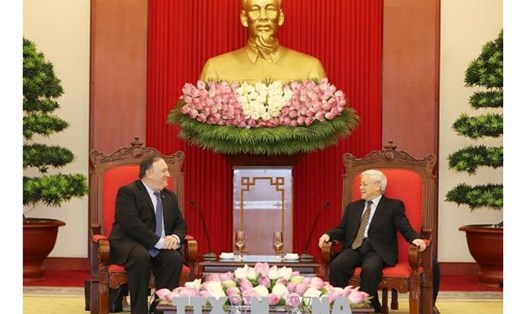 Tổng Bí thư Nguyễn Phú Trọng tiếp Ngoại trưởng Mỹ Mike Pompeo thăm chính thức Việt Nam. Ảnh: TTXVN