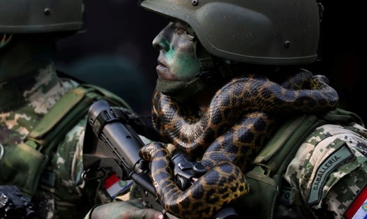 Lính đặc nhiệm với con rắn quấn cổ trong cuộc diễu binh Asuncion, Paraguay - Ảnh: Reuters