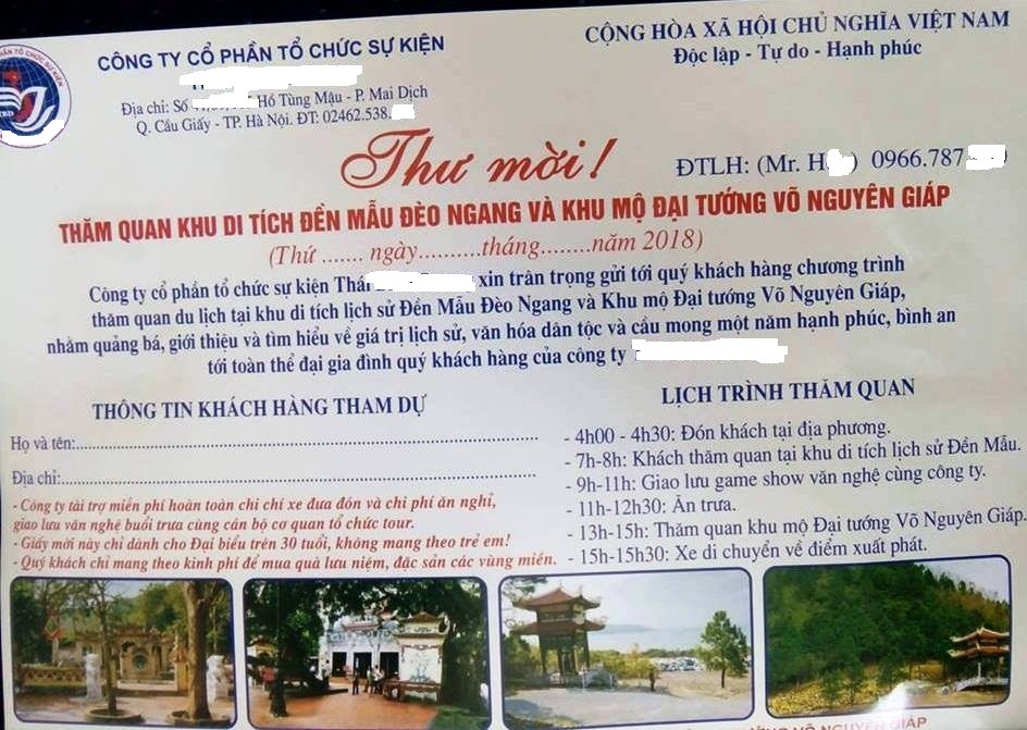 Thư mời tham quan du lịch miễn phí có chương trình giao lưu, gameshow (bán hàng) trong thời gian 2 tiếng của Cty TBD. Ảnh: PV