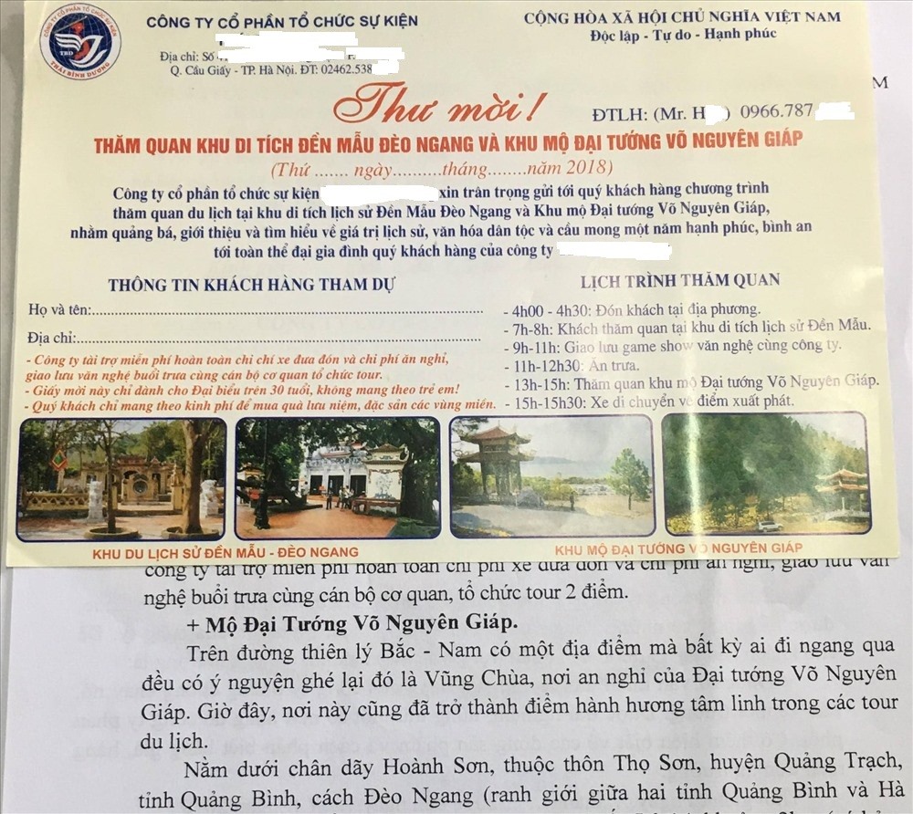 Lời mời chào du lịch miễn phí từ một doanh nghiệp tại Hà Nội. Ảnh: PV