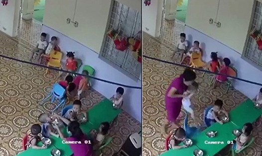 Nữ giáo viên nhồi nhét thức ăn, đánh bé trai 2 tuổi. Ảnh: Cắt từ clip.