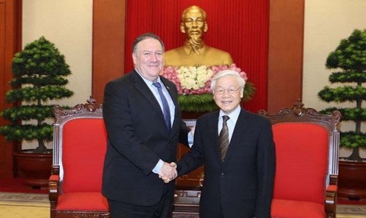 Tổng Bí thư Nguyễn Phú Trọng tiếp Ngoại trưởng Mỹ Mike Pompeo trong chuyến thăm chính thức Việt Nam ngày 8.7.2018. Ảnh: TTXVN