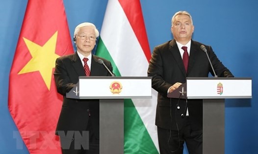 Tổng Bí thư Nguyễn Phú Trọng cùng Thủ tướng Hungary Viktor Orbán phát biểu với báo chí. Ảnh: TTXVN. 