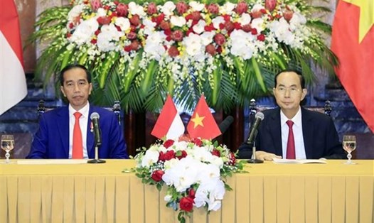 Chủ tịch Nước Trần Đại Quang và Tổng thống Cộng hòa Indonesia Joko Widodo họp báo, thông báo kết quả hội đàm. Ảnh: TTXVN. 