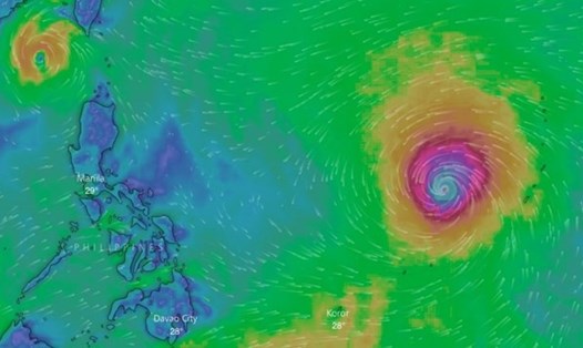 Hình thái bão Mangkhut và cơn bão số 5 (Ảnh: Windy.com)