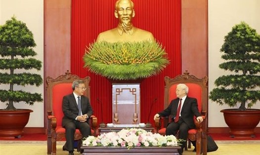 Tổng Bí thư Nguyễn Phú Trọng tiếp Phó Thủ tướng Quốc vụ viện Trung Quốc Hồ Xuân Hoa. Ảnh: TTXVN