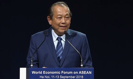 Phó Thủ tướng Thường trực Trương Hòa Bình phát biểu tại phiên bế mạc WEF ASEAN 2018. Ảnh: PV