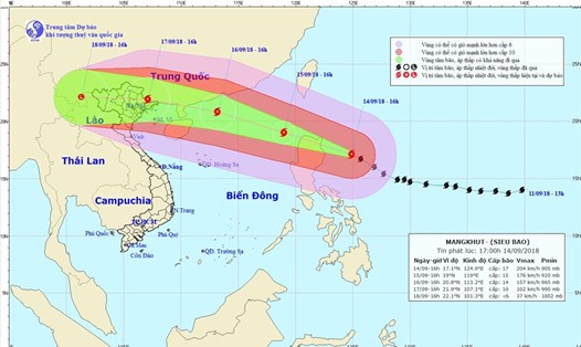 Vị trí và hướng đi của siêu bão Mangkhut. Ảnh: NCHMF 