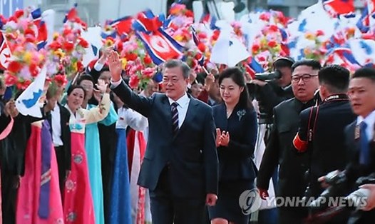 Tổng thống Hàn Quốc Moon Jae-in được chào đón nồng nhiệt ở Bình Nhưỡng. Ảnh: Yonhap
