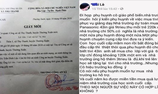 Công an huyện Thường Xuân (Thanh Hoá) khẳng định việc mời vợ chồng anh H.V và chị T.M lên làm việc không liên quan đến thông tin thu chi đầu năm học. 