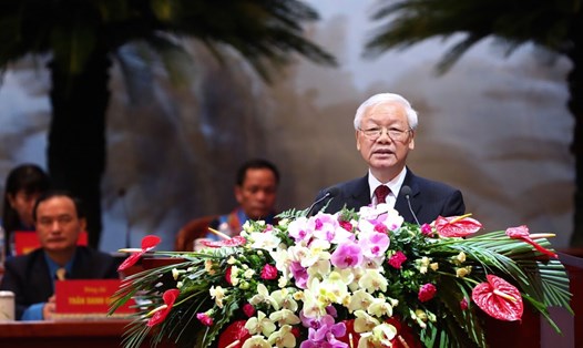 Tổng Bí thư Nguyễn Phú Trọng phát biểu chỉ đạo tại Phiên trọng thể Đại hội Công đoàn Việt Nam lần thứ XII nhiệm kỳ 2018 – 2023. Ảnh: Sơn Tùng.