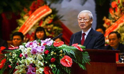 Tổng Bí thư Nguyễn Phú Trọng phát biểu chỉ đạo tại Phiên trọng thể Đại hội Công đoàn Việt Nam lần thứ XII nhiệm kỳ 2018 – 2023. Ảnh: Sơn Tùng.