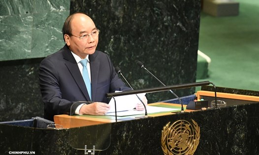 Thủ tướng Nguyễn Xuân Phúc phát biểu tại phiên thảo luận cấp cao Đại hội đồng LHQ. Ảnh: VGP